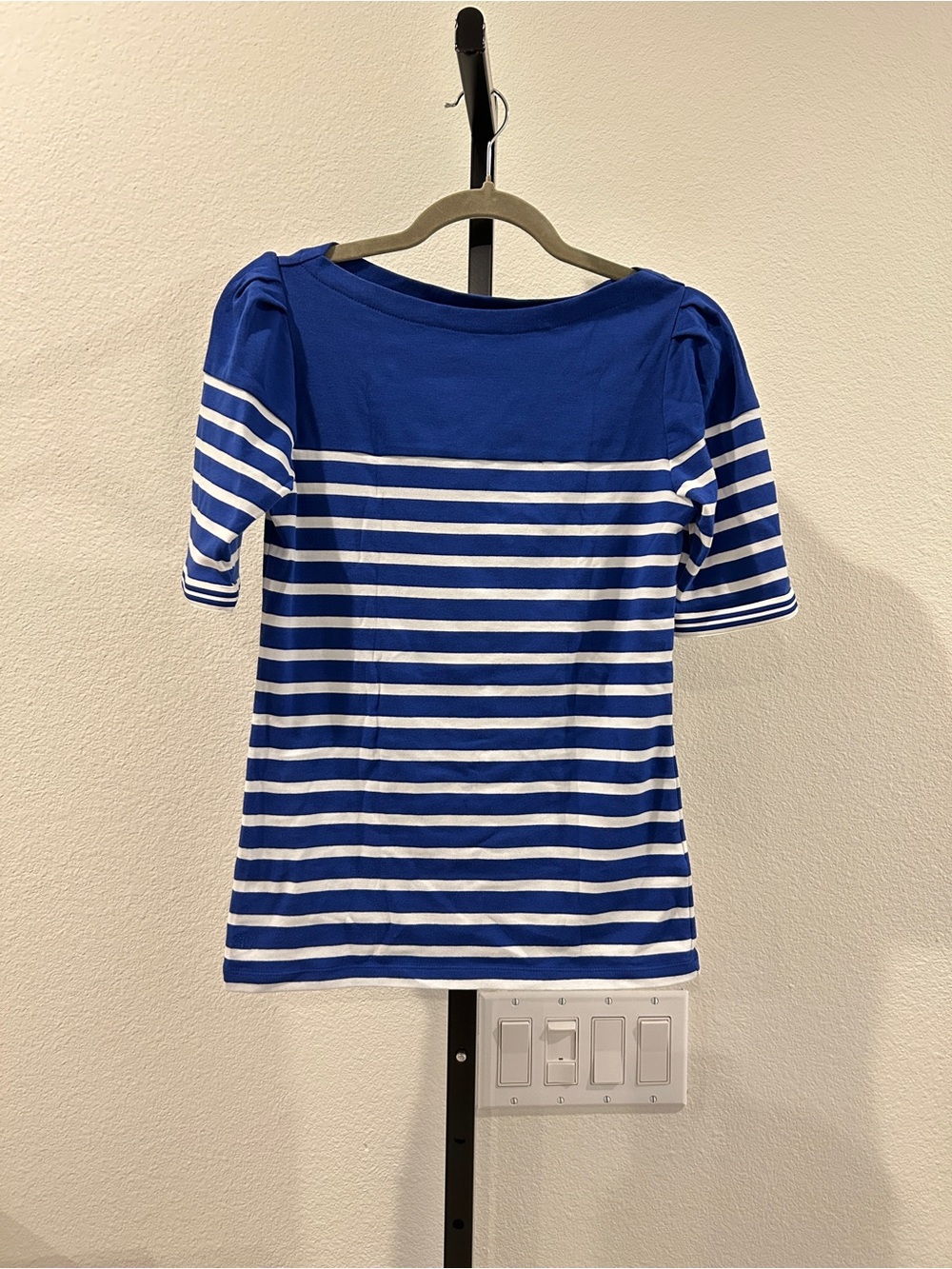 New Lauren Ralph Lauren blue/white striped knit boatneck Tee puff sleeve, Size M